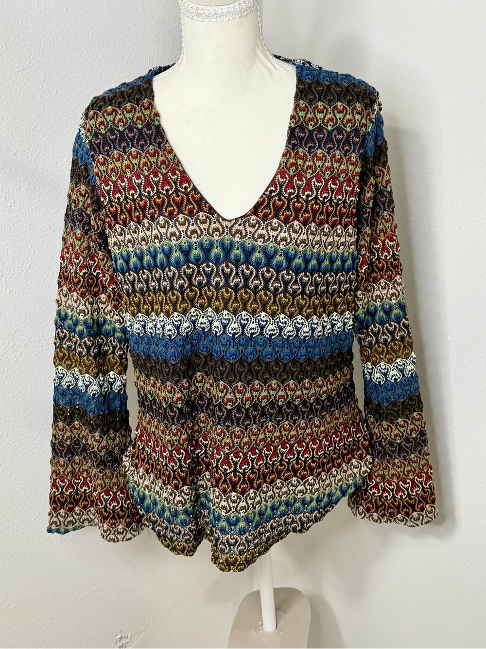 Y2K Venezia Multicolor V-Neck Striped Knit Top Size 14/16